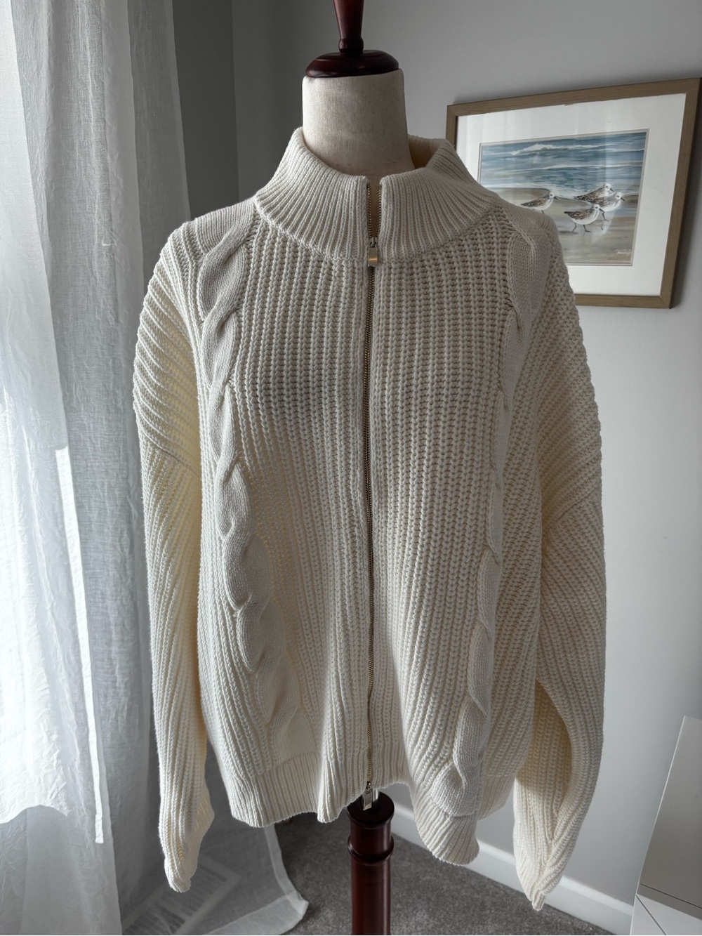 Cream Cable-Knit Zip-Up Cardigan Sweater